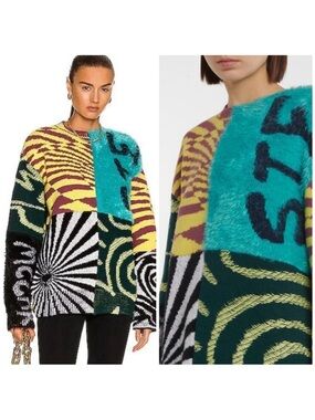 Stella McCartney Multicolor Patchwork Crewneck Sweater - Teal, Yellow & Green